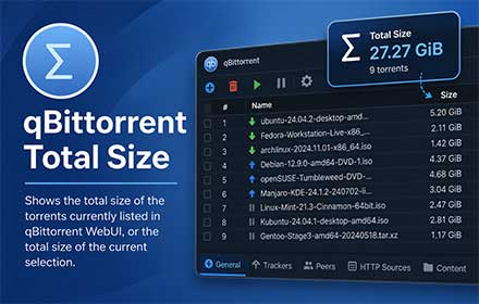 Promotional preview of qBittorrent Total Size showing a combined total of 27.27 GiB across nine torrents.